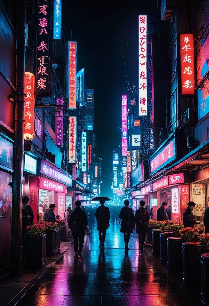 A stylized depiction of a vibrant Japanese cityscape at night, with neon lights highlighting iconic film locations. Include silhouettes of people engaged in discussions about cinema and film reels scattered around, symbolizing adult films. Feathers, roses, and traditional Japanese motifs blended into the scene to convey the fusion of culture and adult entertainment. Add a hint of mist for depth and ambiance. vibrant colors. cyberpunk.