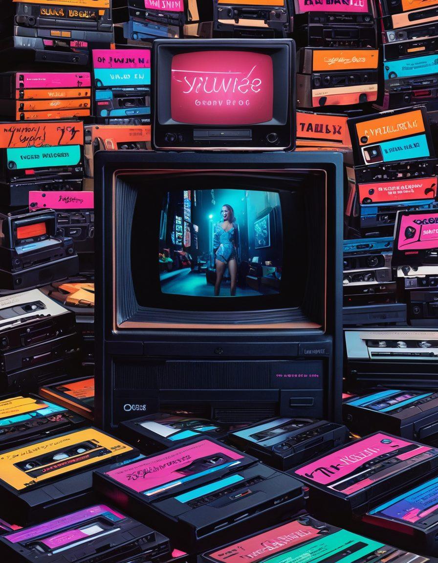 A collage showcasing the evolution of adult entertainment, featuring vintage VHS tapes, computer screens with early websites, and modern streaming platforms on sleek devices. Incorporate symbols of technological advancements like smartphones and VR headsets, layered with vibrant neon lights representing trends. Add a futuristic touch with digital graphs illustrating viewer statistics. ultra-realistic. vibrant colors. dynamic composition.